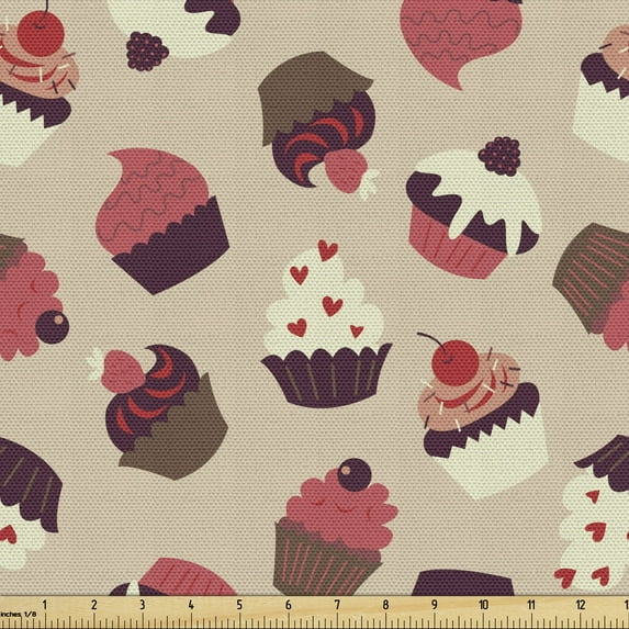 Ambesonne Dessert Fabric by the Yard Upholstery, Various Cupcakes Pattern, 2 Yards, Multicolor