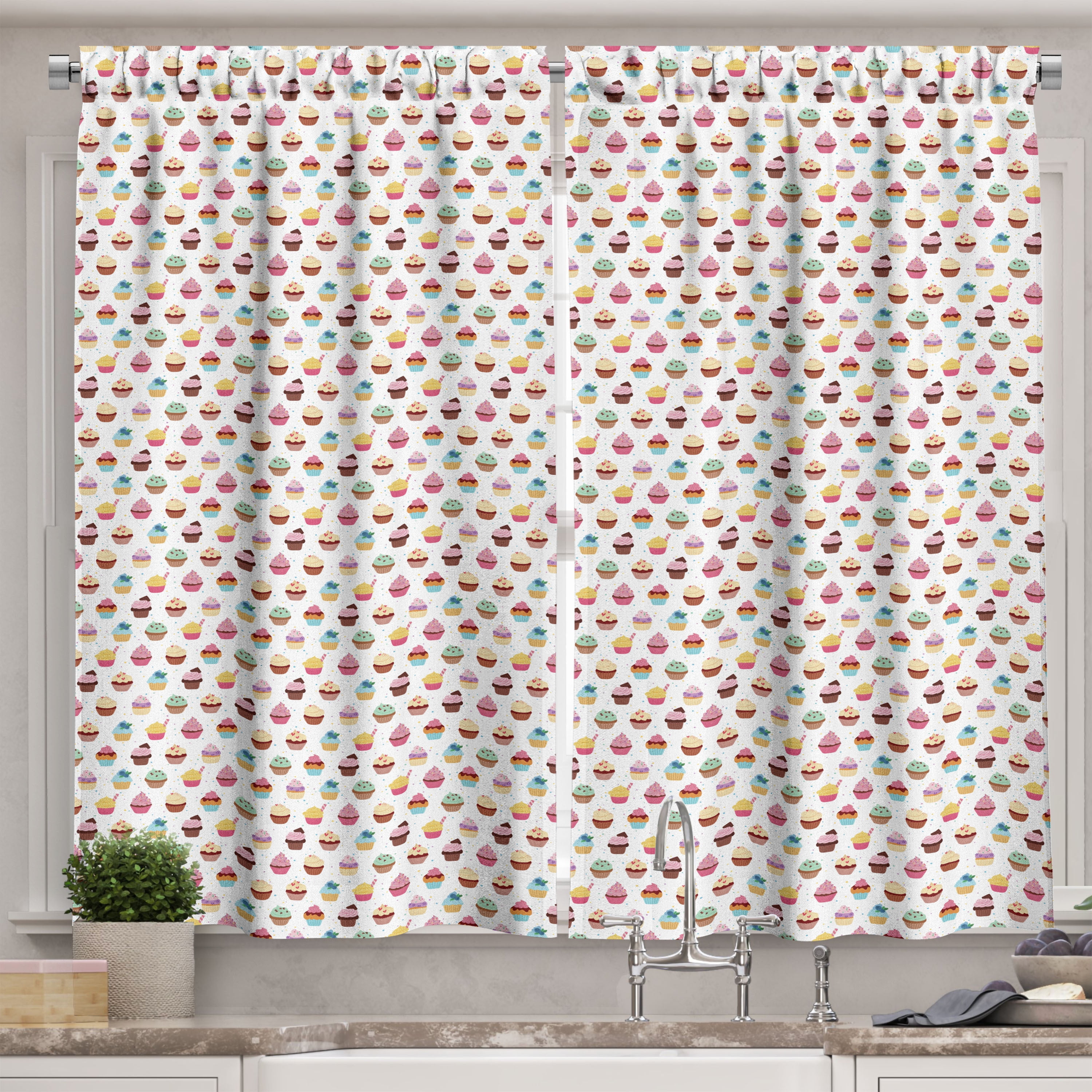 Cupcake Pattern Light-Filtering White Polyester Kitchen Curtains