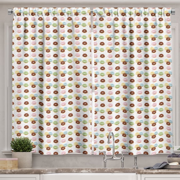 Ambesonne Dessert Kitchen Curtains, Happy Donut Pattern Art, 55"x24", Cinnamon Green and Blue