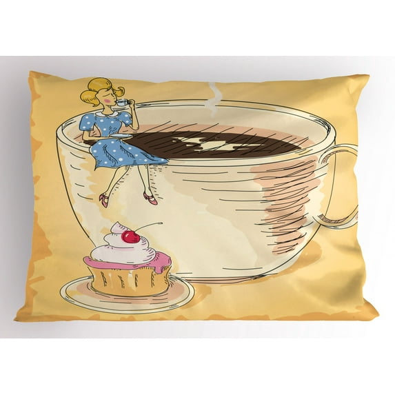 Ambesonne Dessert Pillow Sham, Gigantic Coffee Mug, 26" X 20", Apricot and Multicolor