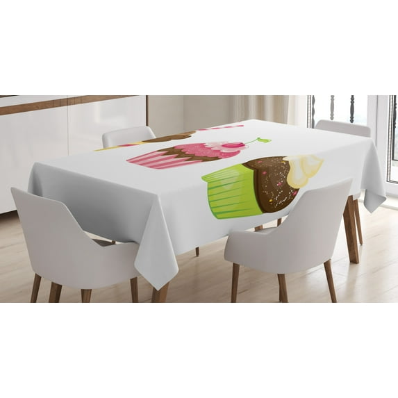 Ambesonne Dessert Tablecloth Rectangular Table Cover, Puffy Party Cupcakes, 52"x70", Multicolor