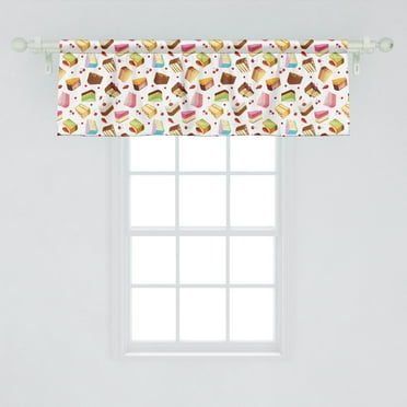 Ambesonne Dessert Window Valance, Food Cartoon with Tasty Colorful Triangular Cake Slices Cherry and Strawberries, Curtain Valance for Kitchen Bedroom Decor with Rod Pocket, 54" X 18", Multicolor