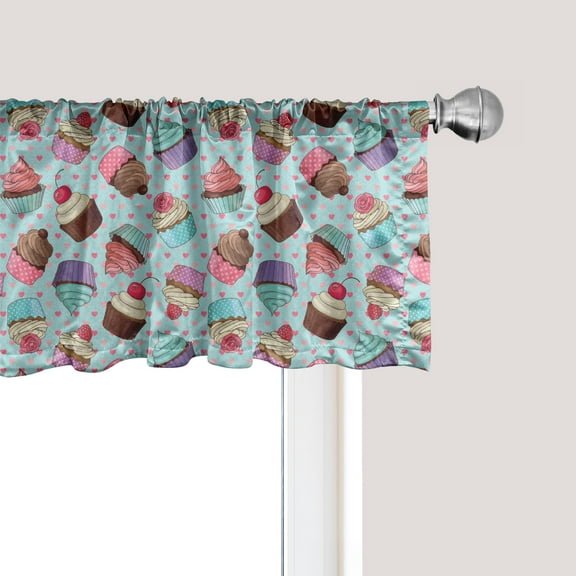 Ambesonne Dessert Window Valance, Hearts and Cupcakes, 54" X 12", Multicolor