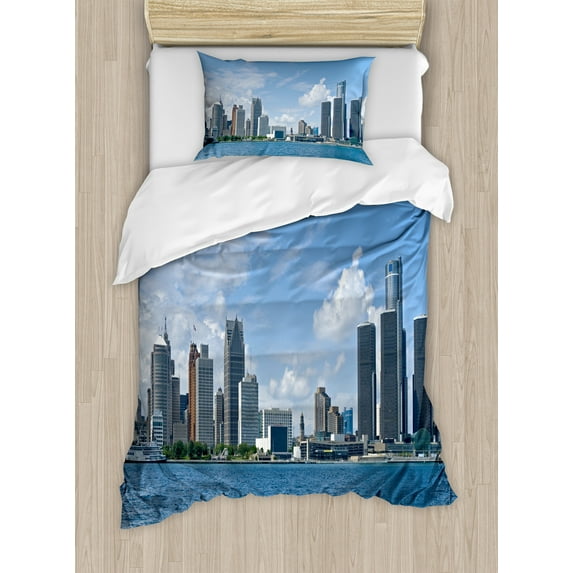Ambesonne Detroit Duvet Cover Sets, Downtown Shoreline, 2-Twin, Pale Blue White Grey