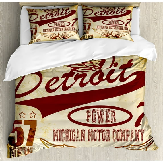 Ambesonne Detroit Duvet Cover Sets, Vintage Michigan Auto, 2-King, Pale Yellow Burgundy
