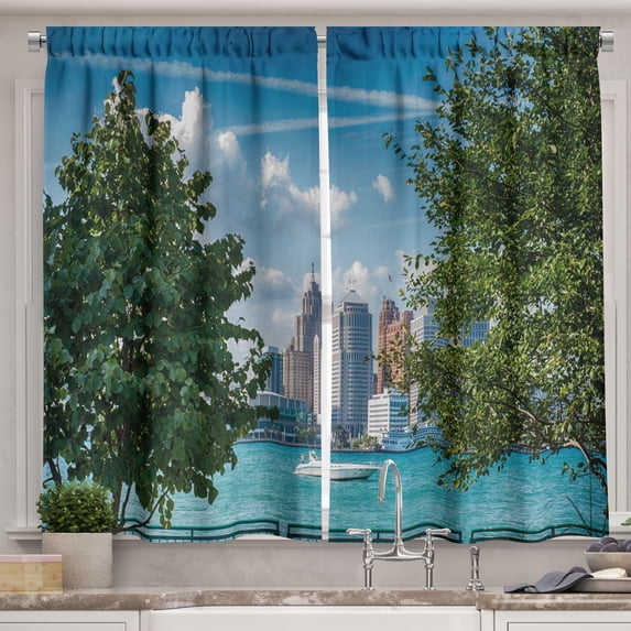 Ambesonne Detroit Kitchen Curtains, Summer Afternoon River, 55"x45", Green Blue Aqua