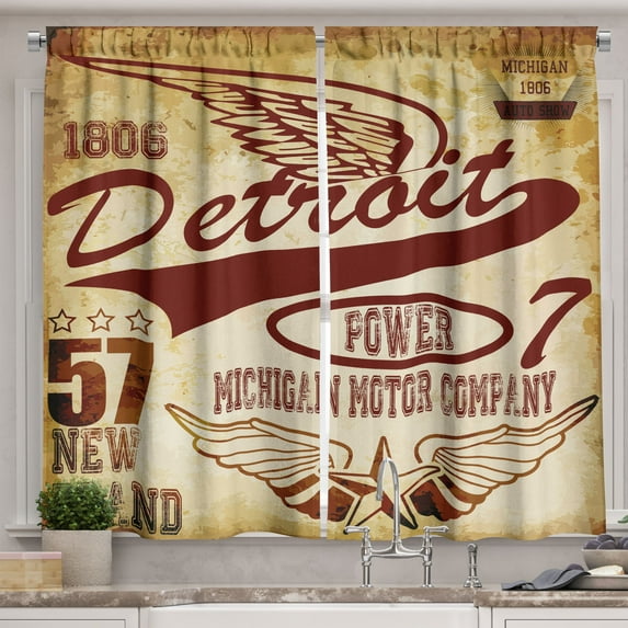Ambesonne Detroit Kitchen Curtains, Vintage Michigan Auto, 55"x45", Pale Yellow Burgundy