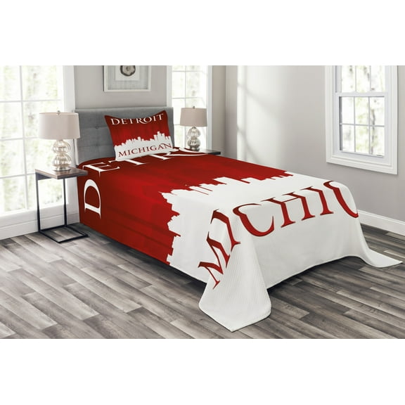 Ambesonne Detroit Quilted Bedspread Set 2 Pcs, Michigan City Letters, Twin Size, Red and White