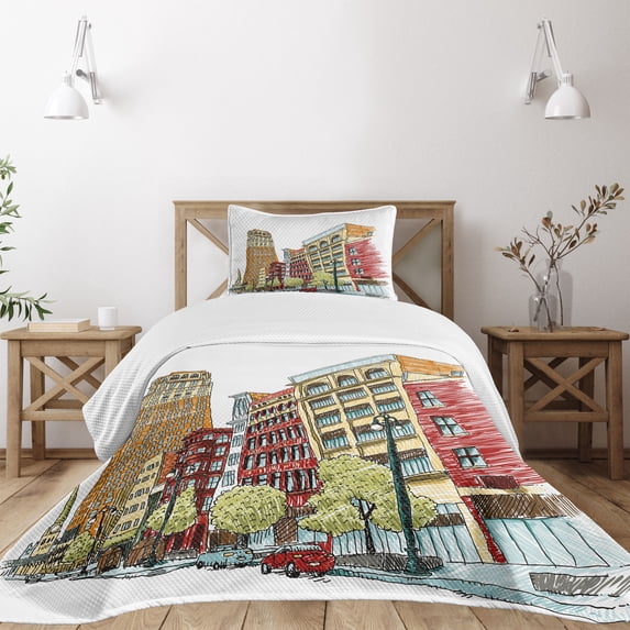Ambesonne Detroit Quilted Bedspread Set 2 Pcs, Woodward Avenue Urban, Twin Size, Multicolor
