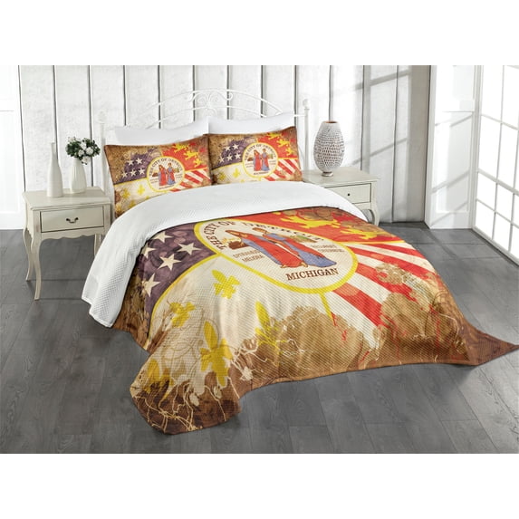 Ambesonne Detroit Quilted Bedspread Set 3 Pcs, Antique Old USA Flag, Queen Size, Multicolor