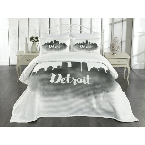 Ambesonne Detroit Quilted Bedspread Set 3 Pcs, Black Smoky Cityscape, King Size, Charcoal Grey White