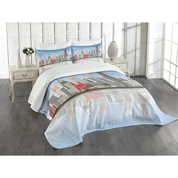 Ambesonne Detroit Quilted Bedspread Set 3 Pcs, Cityscape Skyscrapers, Queen Size, Multicolor