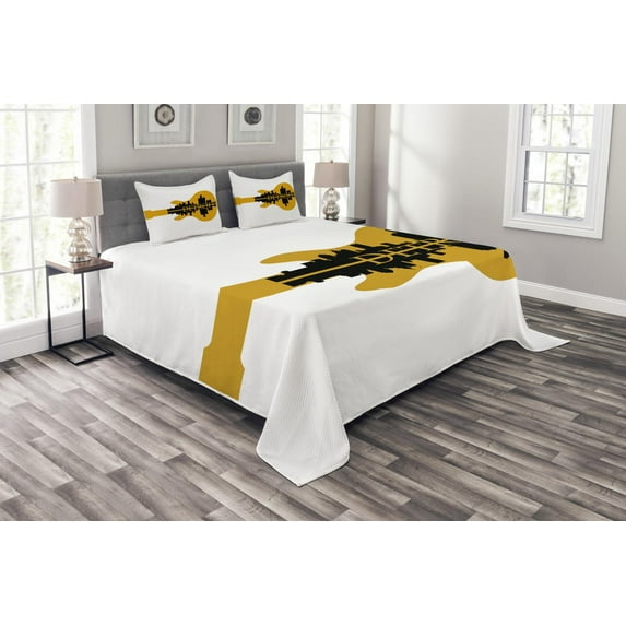 Ambesonne Detroit Quilted Bedspread Set 3 Pcs, Electric Guitar Music, King Size, Yellow Black