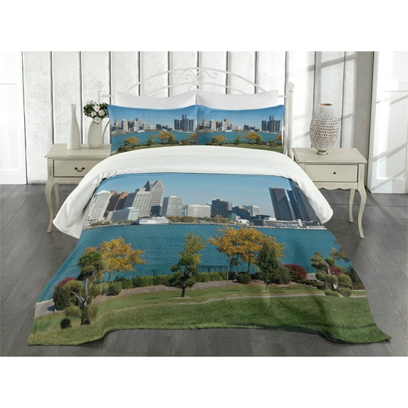 Ambesonne Detroit Quilted Bedspread Set 3 Pcs, Industrial Center, Queen Size, Blue Green Grey