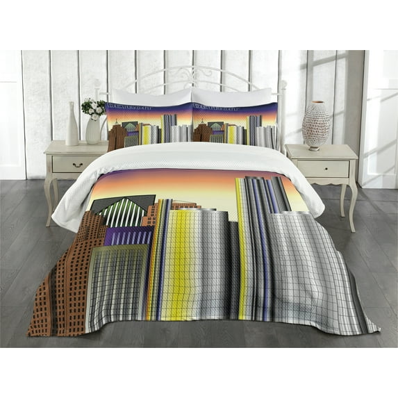 Ambesonne Detroit Quilted Bedspread Set 3 Pcs, Retro Style Metropolis, King Size, Multicolor