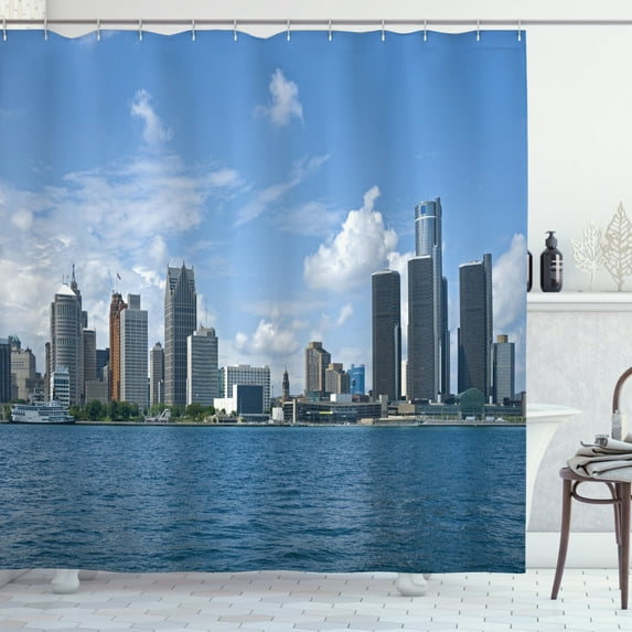 Ambesonne Detroit Shower Curtain, Downtown Shoreline, 69"Wx70"L, Pale Blue White Grey