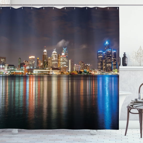 Ambesonne Detroit Shower Curtain, Night Time Cityscape, 69"Wx75"L, Multicolor