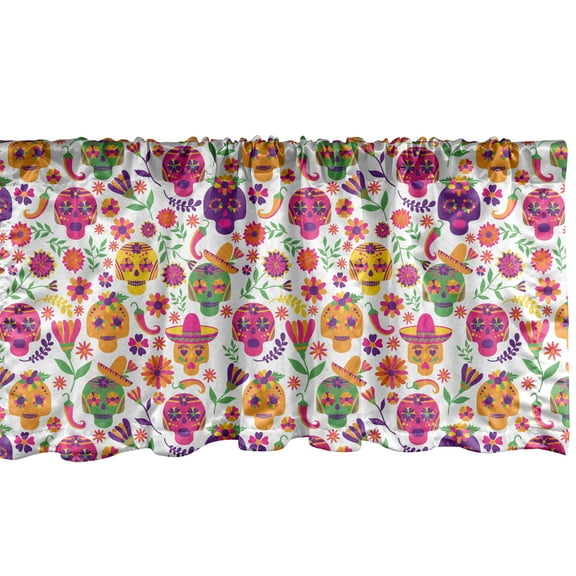 Ambesonne Dia De Los Muertos Window Valance, Flowers Calavera, 42" x 12", Multicolor