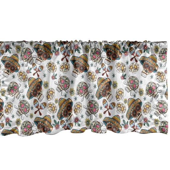 Ambesonne Dia De Los Muertos Window Valance, Mexican Ethnic, 54" X 12", White and Multicolor