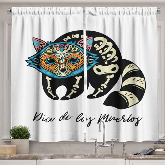 Ambesonne Dia de Los Muertos Kitchen Curtains, Folk Raccoon, 55"x39", Multicolor