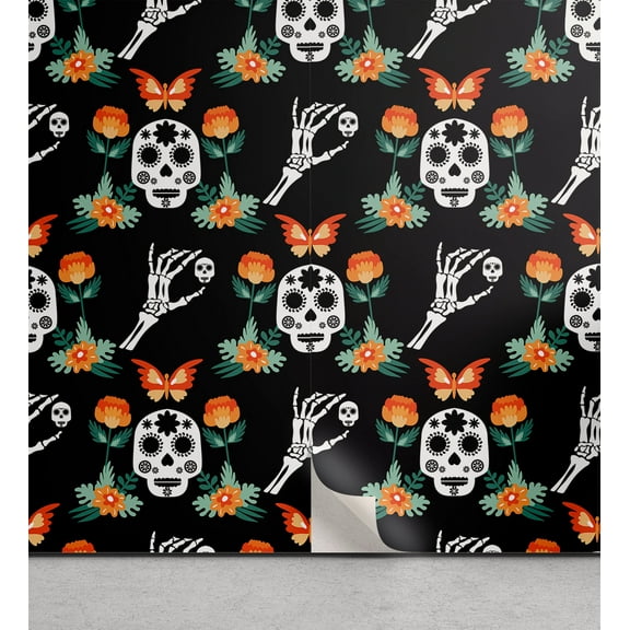 Ambesonne Dia de los Muertos Peel & Stick Wallpaper for Home, Retro Skulls Art, 13"x72", Dark Brown White Orange
