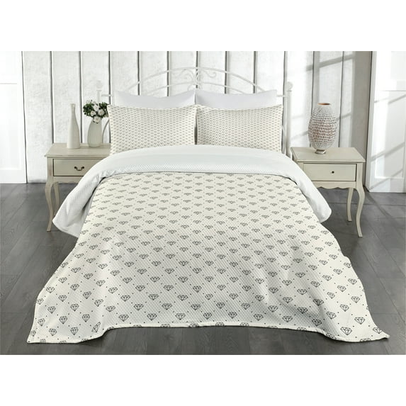 Ambesonne Diamonds Quilted Bedspread Set 3 Pcs, Polka Dots Crystals, Queen Size, Ivory Black