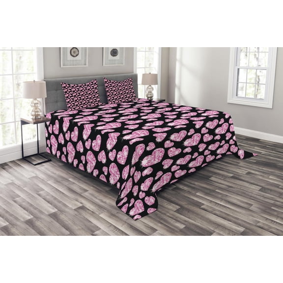 Ambesonne Diamonds Quilted Bedspread Set 3 Pcs, Romatic Heart Shapes, Queen Size, Pale Pink Black