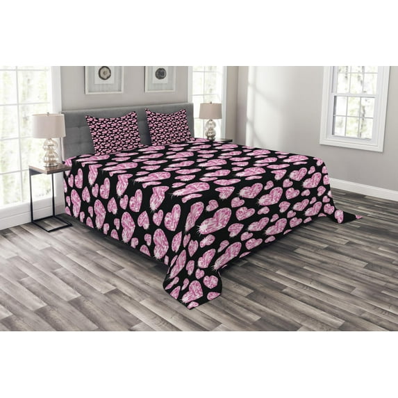Ambesonne Diamonds Quilted Bedspread Set 3 Pcs, Romatic Heart Shapes, Queen Size, Pale Pink Black