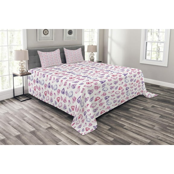 Ambesonne Diamonds Quilted Bedspread Set 3 Pcs, Watercolor Heart Rocks, Queen Size, Pink Violet Red