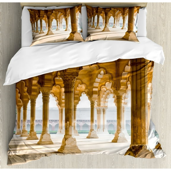 Ambesonne Digital Duvet Cover Set, Agra Fort Pillar, Queen, Pale Coffee and Beige