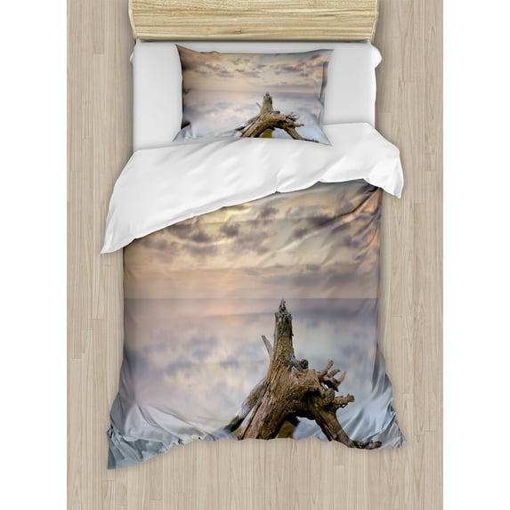 Ambesonne Digital Duvet Cover Set, Sunrise on Sandy Beach, Twin, Yellow and Tan