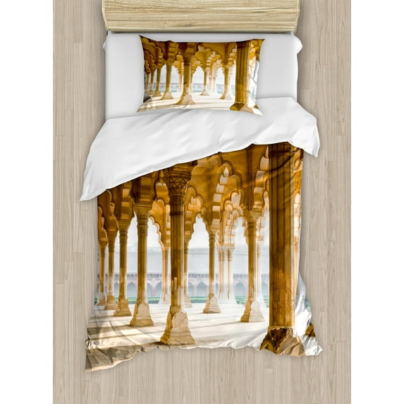 Ambesonne Digital Duvet Cover Sets, Agra Fort Pillar, 2-Twin, Pale Coffee and Beige