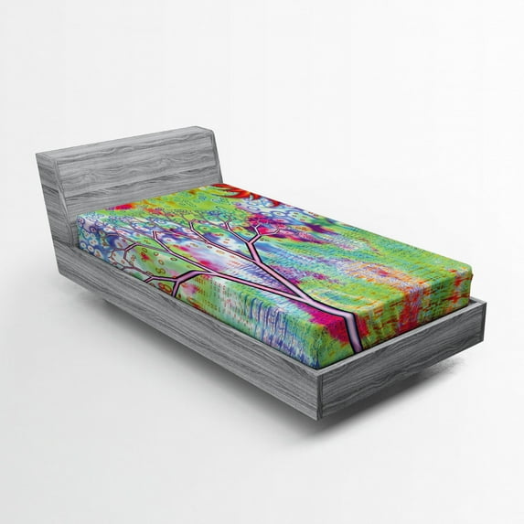 Ambesonne Digital Fitted Sheet, Abstract Lake Tree, Twin XL Size, Multicolor