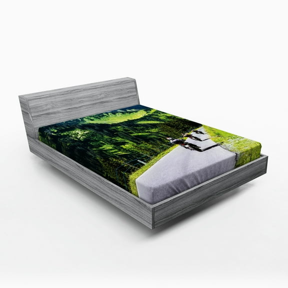 Ambesonne Digital Fitted Sheet, Bike Riders on Mountain, Full Size, Hunter Green