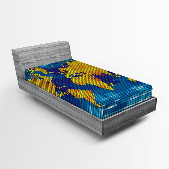 Ambesonne Digital Fitted Sheet, Geometric Modern, Twin Size, Earth Yellow Sky Blue