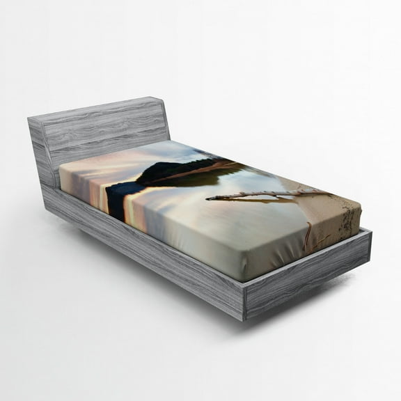 Ambesonne Digital Fitted Sheet, Lake Shore with Trees, Twin Size, Sand Brown