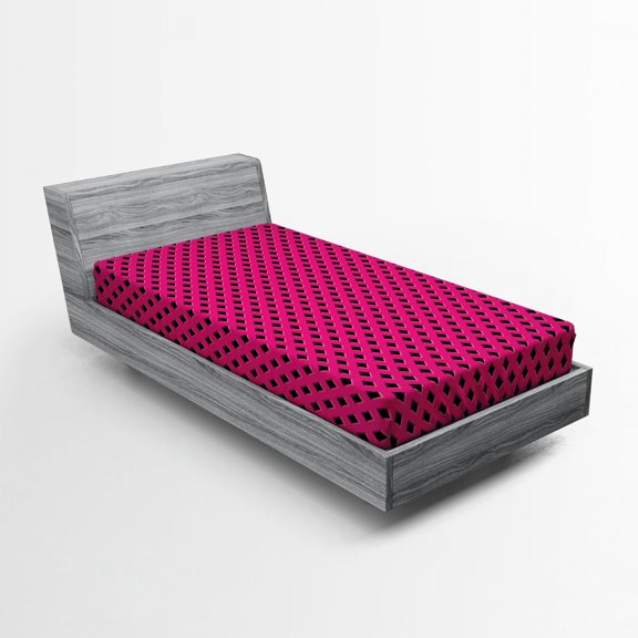 Ambesonne Digital Fitted Sheet, Modern Diamond Check Design, Twin XL Size, Fuchsia and Black