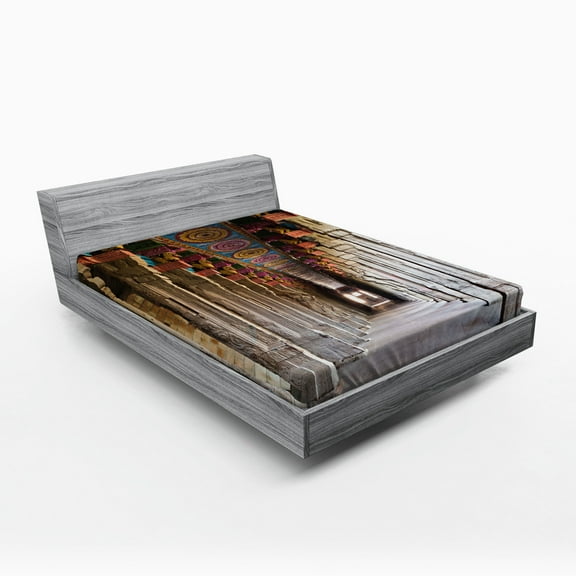 Ambesonne Digital Fitted Sheet, South Asia Old Building, Queen Size, Pale Grey