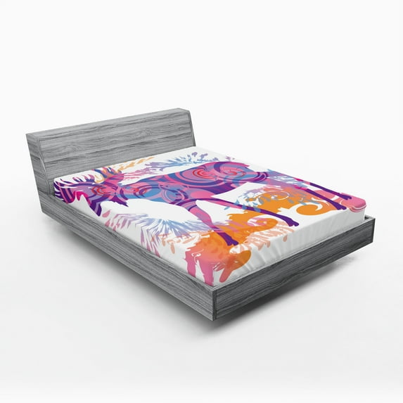 Ambesonne Digital Fitted Sheet, Trippy Vivid Deer, Queen Size, Mauve and Orange