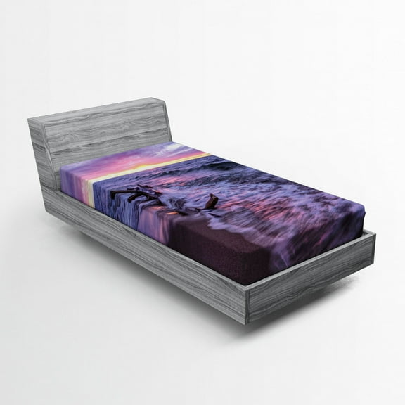 Ambesonne Digital Fitted Sheet, Wavy Sea Couldy Sunset, Twin XL Size, Blue Grey