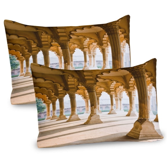 Ambesonne Digital Pillow Sham 2 Pack, Agra Fort Pillar, 30"x20", Pale Coffee and Beige