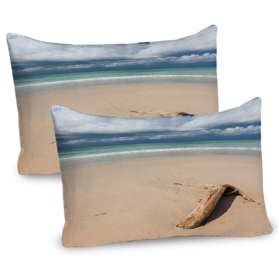Ambesonne Digital Pillow Sham 2 Pack, Driftwood on the Beach, 26"x20", Sand Brown and Blue