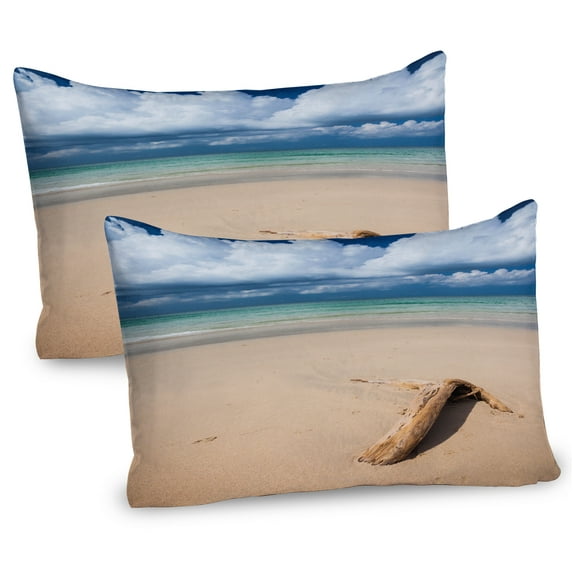Ambesonne Digital Pillow Sham 2 Pack, Sandy Beach and Clouds, 30"x20", Sand Brown Blue