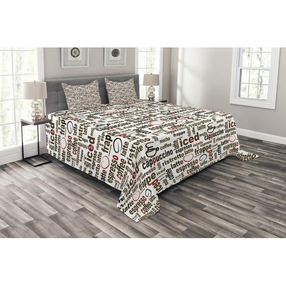 Ambesonne Digital Quilted Bedspread Set 3 Pcs, Coffee Words Cafe Shop, Queen Size, Dark Brown Caramel