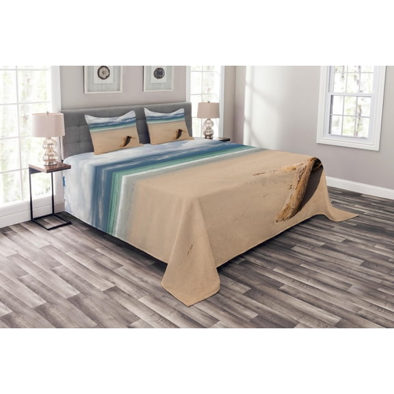 Ambesonne Digital Quilted Bedspread Set 3 Pcs, Driftwood on the Beach, Queen Size, Sand Brown and Blue