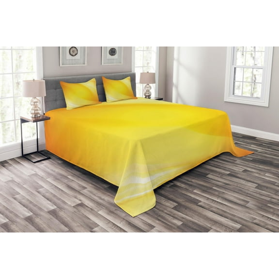 Ambesonne Digital Quilted Bedspread Set 3 Pcs, Yellow Lines Ombre, Queen Size, Yellow and White