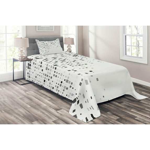 Ambesonne Digital Quilted Coverlet 2 Pcs, Radiant Rectangle Parallel, Twin Size, Ash White