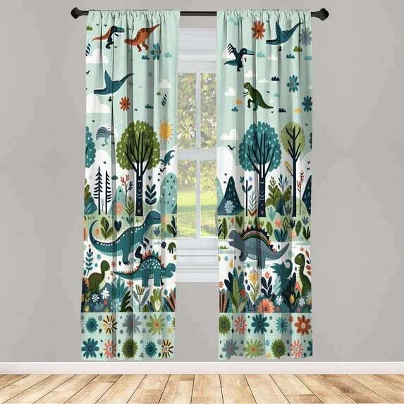 Ambesonne Dino Art Curtains, Scandinavian Dinosaurs, Pair of 28"x63", Blue Green and Paprika
