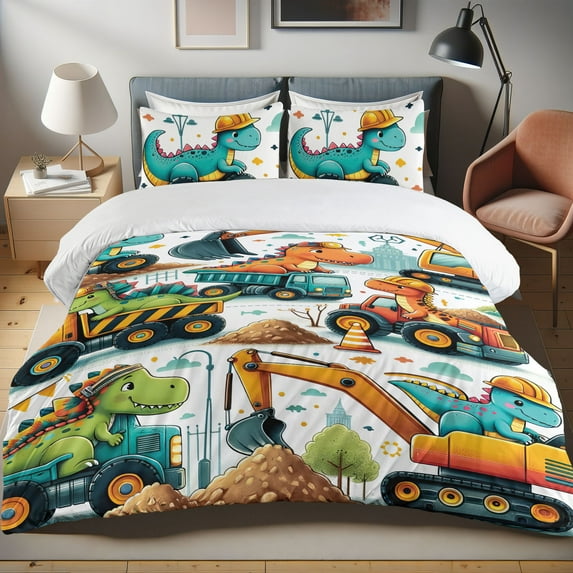 Ambesonne Dino Duvet Cover Set, Funny Dinosaur Contraction, King, Green Orange Seafoam