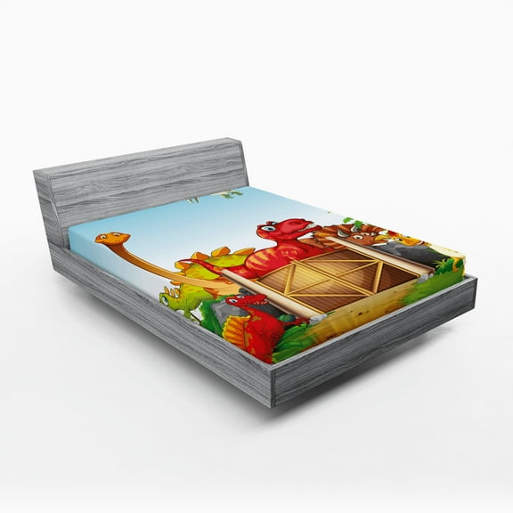 Ambesonne Dino Fitted Sheet, Cartoon Dinosaurs in Park, King Size, Multicolor